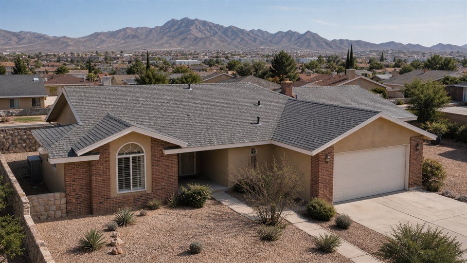 Aerial view of a completed charcoal architectural shingle roof