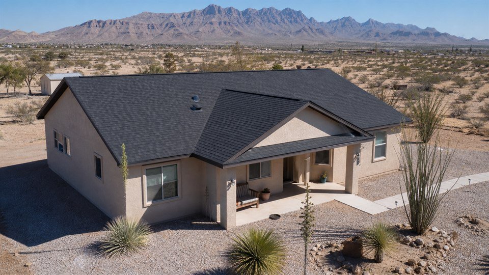Finished gray shingle roof on a brick home